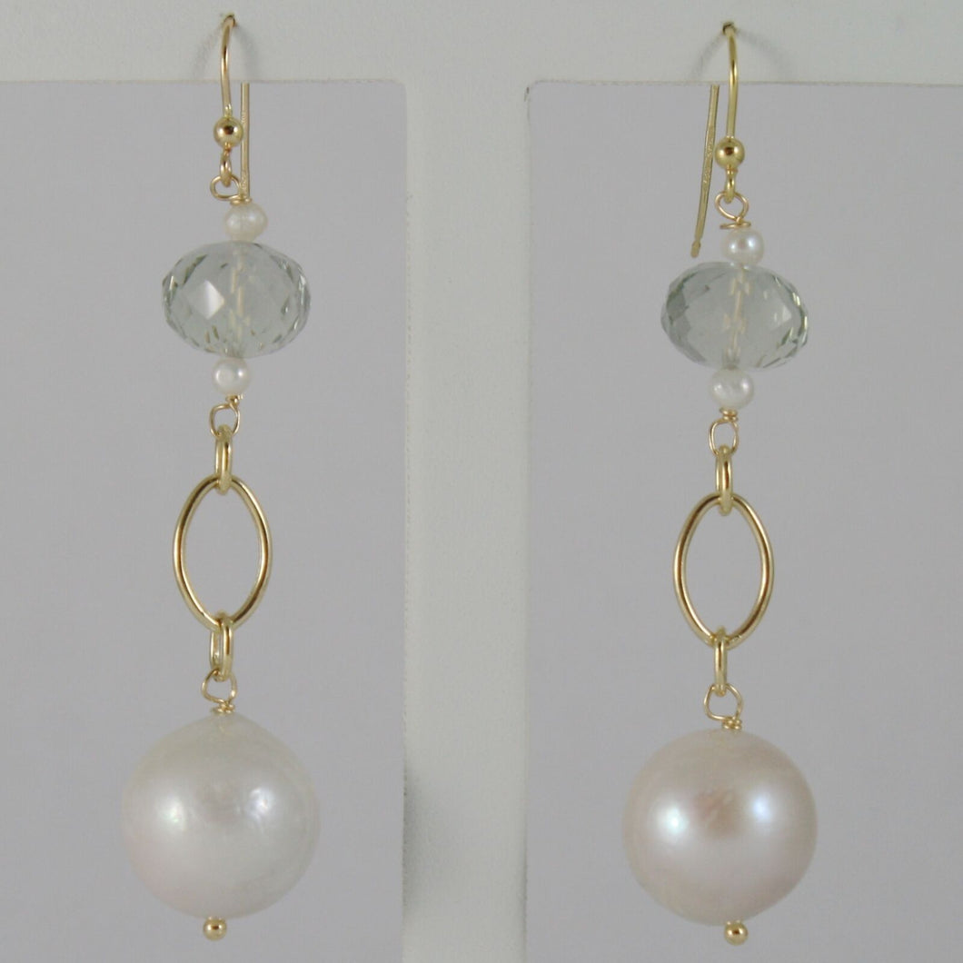 18k yellow gold pendant earrings with big 12 mm white fw pearls and prasiolite.