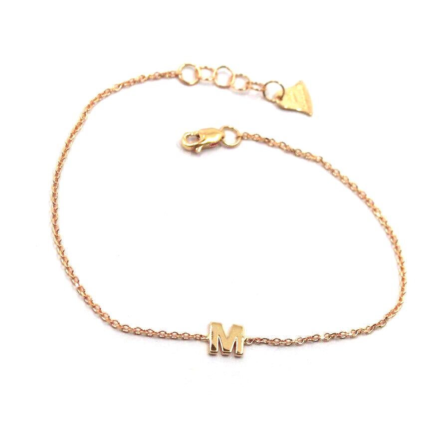 18k rose gold rolo thin bracelet with central small 5mm letter initial M.