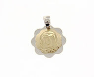 18K YELLOW WHITE GOLD PENDANT FLOWER MEDAL VIRGIN MARY ENGRAVABLE MADE IN ITALY.