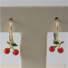 Load image into Gallery viewer, solid 18k yellow gold pendant earrings with cherry, leverback, made in Italy.
