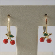 solid 18k yellow gold pendant earrings with cherry, leverback, made in Italy.