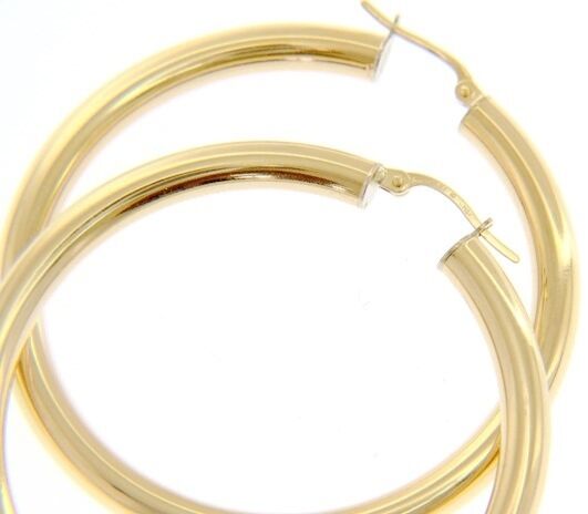 18K YELLOW GOLD ROUND CIRCLE HOOP EARRINGS DIAMETER 40 MM x 4 MM, MADE IN ITALY.