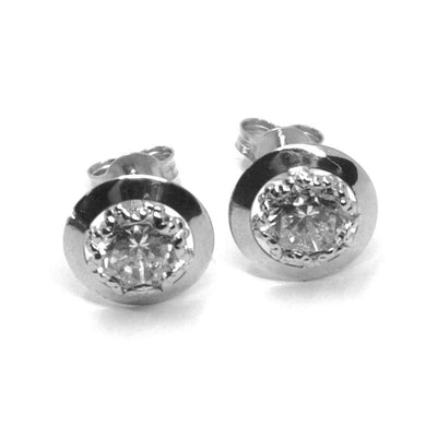 18k white gold button earrings cubic zirconia, round disc worked frame, 10 mm.