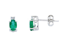 Cargar imagen en el visor de la galería, 18k white gold small earrings oval 0.8 carats emeralds &amp; diamonds, 0.8mm length.
