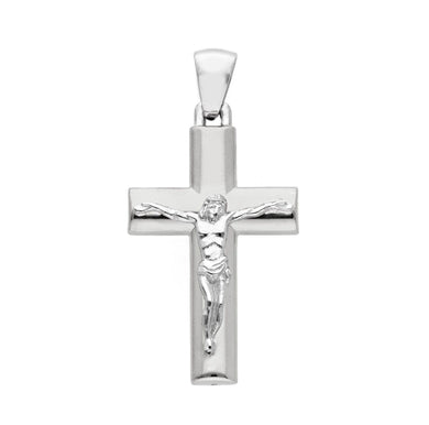 18K WHITE GOLD ROUNDED CROSS PENDANT, SMOOTH WITH JESUS CHRIST, LENGTH 29mm.