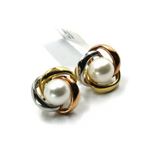 Load image into Gallery viewer, 18k yellow white rose gold clips 15mm earrings alternate flower knot with pearl.
