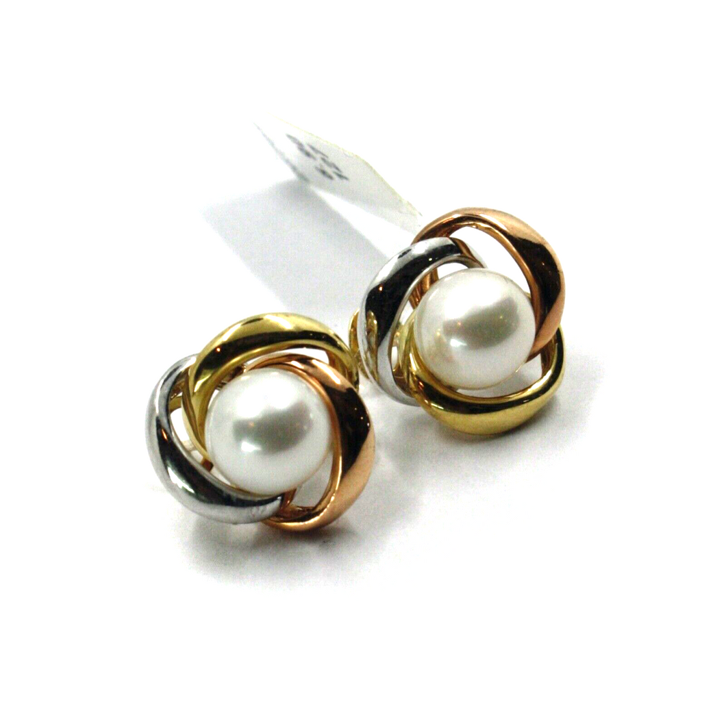 18k yellow white rose gold clips 15mm earrings alternate flower knot with pearl.