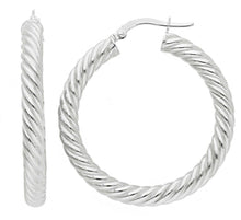 Load image into Gallery viewer, 18K WHITE GOLD HOOPS EARRINGS DIAMETER 30mm, TUBE 4mm STRIPED TWISTED BRAIDED.

