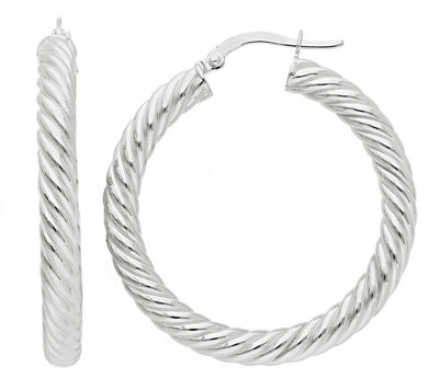18K WHITE GOLD HOOPS EARRINGS DIAMETER 30mm, TUBE 4mm STRIPED TWISTED BRAIDED.