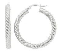 18K WHITE GOLD HOOPS EARRINGS DIAMETER 30mm, TUBE 4mm STRIPED TWISTED BRAIDED.