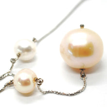 Load image into Gallery viewer, 18k white gold lariat necklace, venetian chain white &amp; peach big pearls 16 mm.
