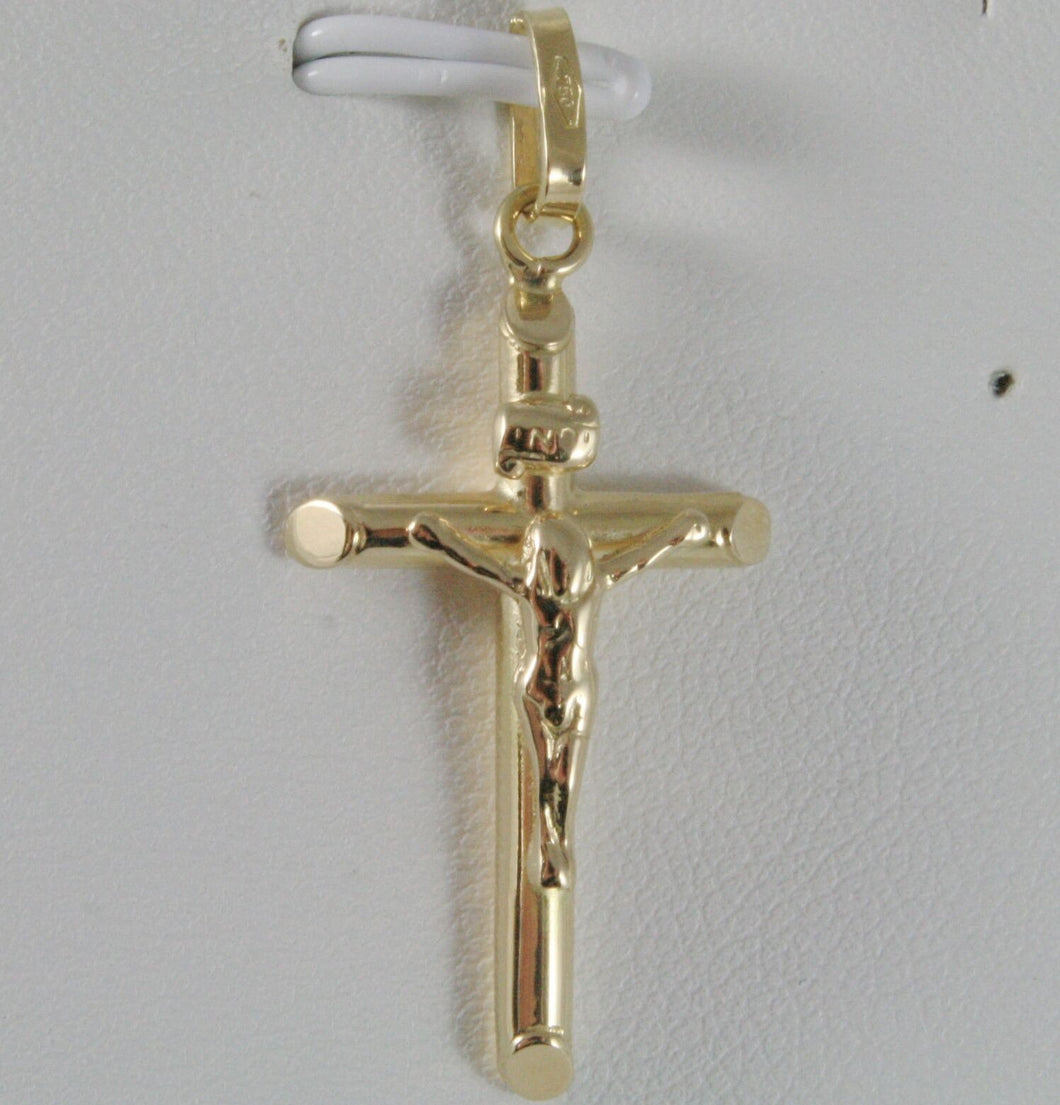 18K YELLOW GOLD CROSS WITH JESUS, ROUNDED TUBE, SHINY 1.42 INCHES, MADE IN ITALY.