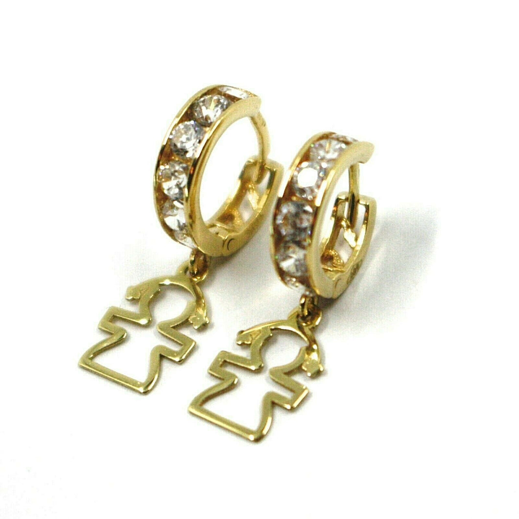 18k yellow gold pendant earrings, mini cubic zirconia hoops with girl pendant.