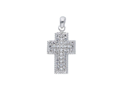 18K WHITE GOLD 15mm SQUARED CROSS WITH WHITE ROUND CUBIC ZIRCONIA.