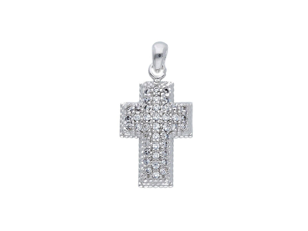 18K WHITE GOLD 15mm SQUARED CROSS WITH WHITE ROUND CUBIC ZIRCONIA