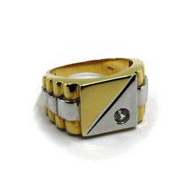 Load image into Gallery viewer, 18K YELLOW WITHE GOLD MAN BAND RING 14mm SQUARE ON TOP WITH CUBIC ZIRCONIA.
