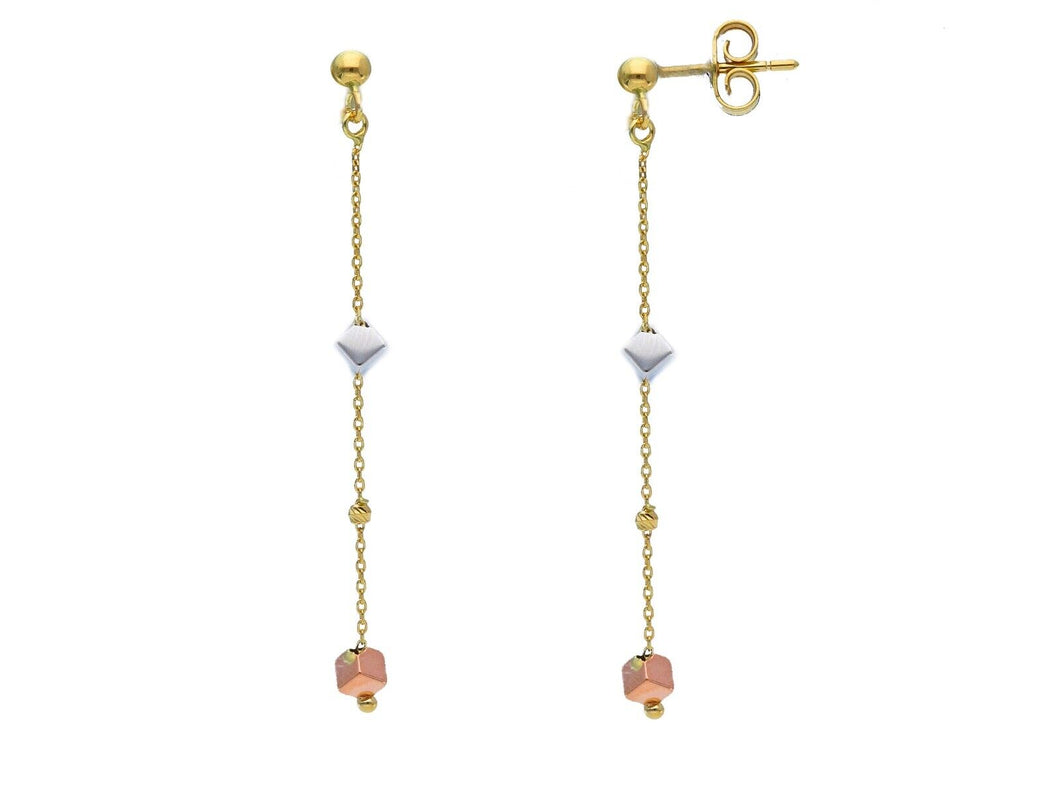 18K YELLOW WHITE ROSE GOLD PENDANT EARRINGS, SMOOTH 3mm CUBES, LENGTH 50mm.