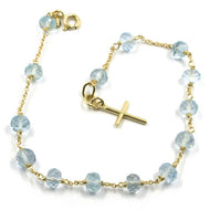 18k yellow gold rosary bracelet, oval faceted aquamarine, mini tube Cross.