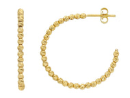 18K YELLOW GOLD HOOPS CIRCLE 25mm EARRINGS WITH DIAMOND CUT 2mm SPHERES, BALLS.