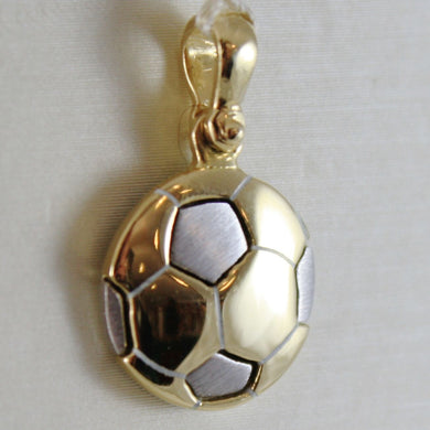 SOLID 18K WHITE & YELLOW GOLD SOCCER BALL PENDANT, SATIN CHARMS, MADE IN ITALY.