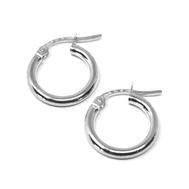18k white gold round mini circle earrings diameter 10 mm, width 2 mm, Italy made.