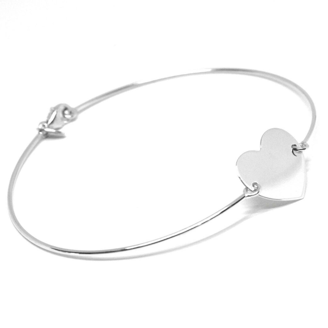 18k white gold bangle mini bracelet, semi rigid, flat heart, made in Italy.