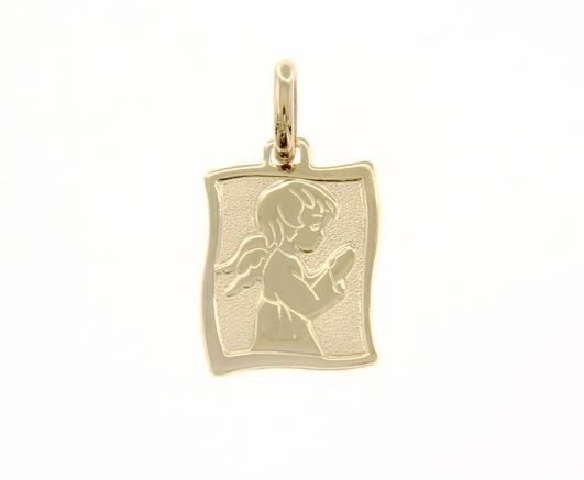 18K YELLOW GOLD PENDANT PARCHMENT MEDAL PRAYING ANGEL 19MM ENGRAVABLE ITALY MADE.