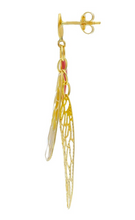 Load image into Gallery viewer, 18k yellow gold pendant 55mm earrings worked double red and yellow enamel wings.
