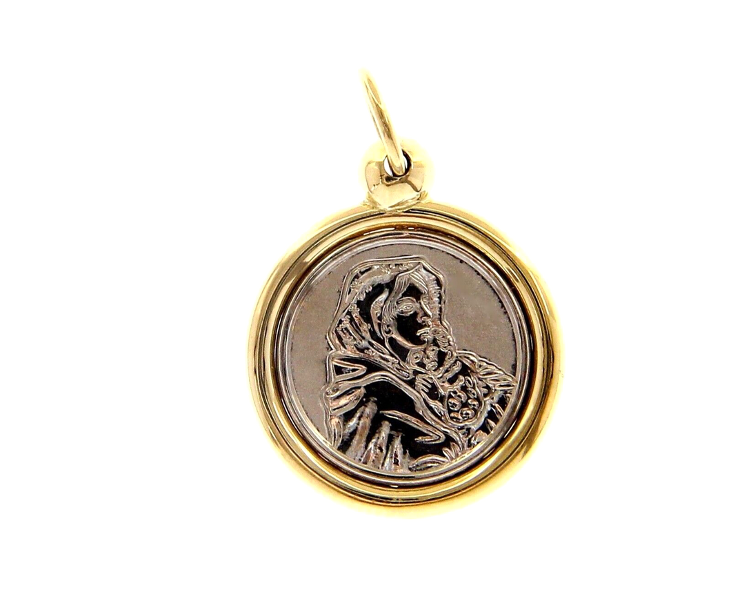 18K YELLOW WHITE GOLD PENDANT ROUND MEDAL VIRGIN MARY AND JESUS 20mm WITH FRAME.