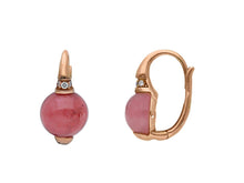 Load image into Gallery viewer, 18k rose gold 17mm leverback pendant earrings cabochon pink chalcedony diamonds.
