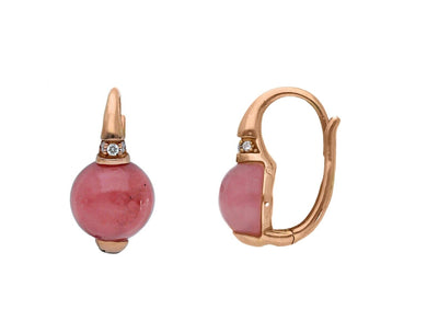 18k rose gold 17mm leverback pendant earrings cabochon pink chalcedony diamonds.