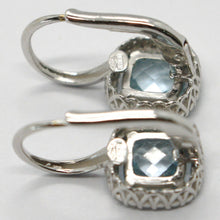 Load image into Gallery viewer, 18k white gold leverback earrings cushion blue topaz, zirconia frame.
