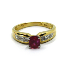 Load image into Gallery viewer, 18k yellow gold band ring oval red ruby 6x5mm 0.95ct &amp; diamonds princess cut.
