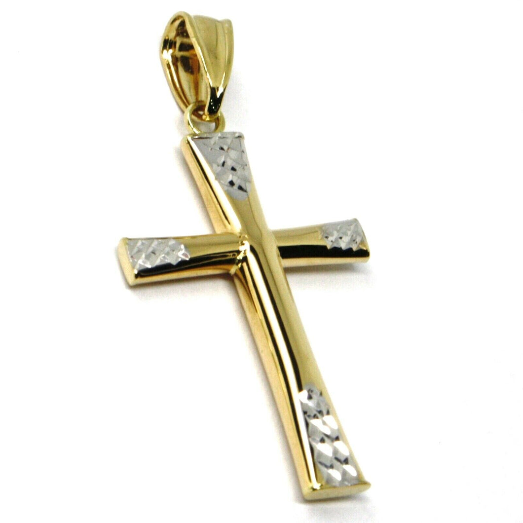 18K YELLOW WHITE GOLD CROSS, ROUNDED TUBE SMOOTH, HAMMERED, 2.7cm 1.06 inches