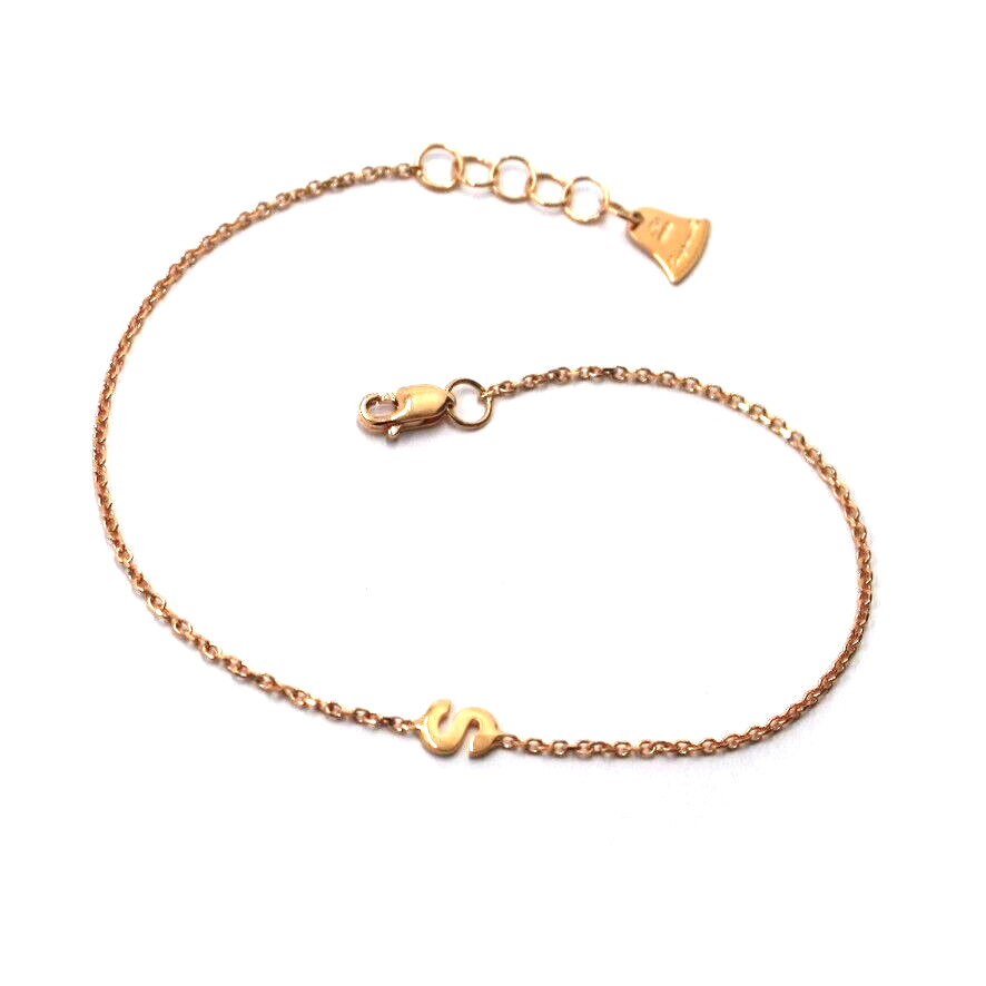 18k rose gold rolo thin bracelet with central small 5mm letter initial S.
