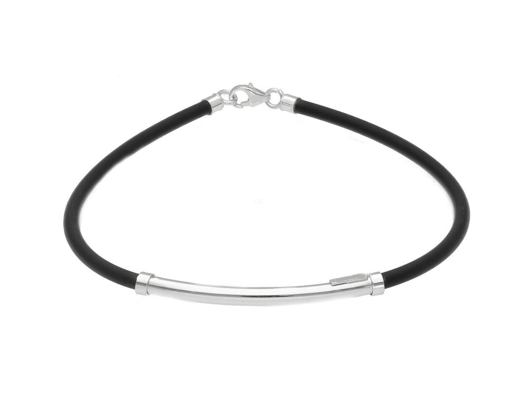 18K WHITE GOLD BRACELET WITH 3mm ROUND TUBE PLATE AND BLACK RUBBER, 8.3