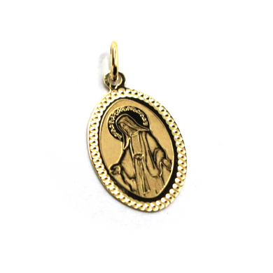 18k yellow gold oval Miraculous medal 15x20mm Virgin Mary Madonna flat pendant.