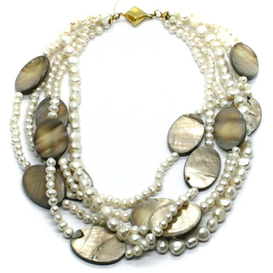 18k yellow gold 5 wires multi strand necklace oval mother of pearl, white pearls.
