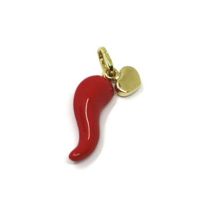 18K YELLOW GOLD RED ENAMEL HORN CORNICELLO 17mm & MINI HEART PENDANT, MADE IN ITALY.