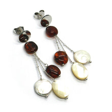 Load image into Gallery viewer, 18k white gold pendant earrings, 3 wires, pearl disc, oval mother of pearl amber
