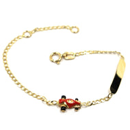 18k yellow gold kid child bracelet enamel racing car gourmette engraving plate.