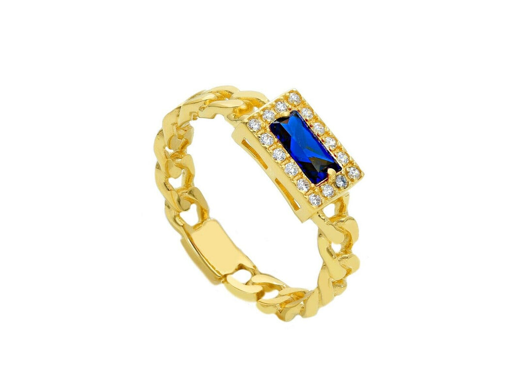 18K YELLOW GOLD RING, GOURMETTE CUBAN CURB CHAIN, SQUARE BLUE CENTRAL ZIRCONIA.