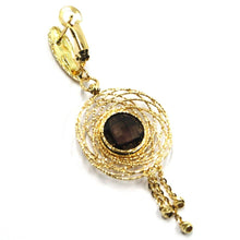 Load image into Gallery viewer, 18K YELLOW GOLD PENDANT EARRINGS, MULTI WIRE FLOWER SMOKY QUARTZ, FRINGES BALLS
