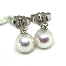 Load image into Gallery viewer, 18k white gold earrings with white round akoya pearls 6.5 mm and diamonds
