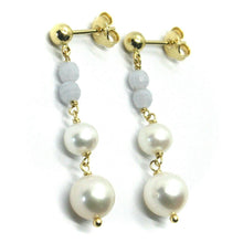 Load image into Gallery viewer, 18k yellow gold pendant earrings, with fw pearls and chalcedony.
