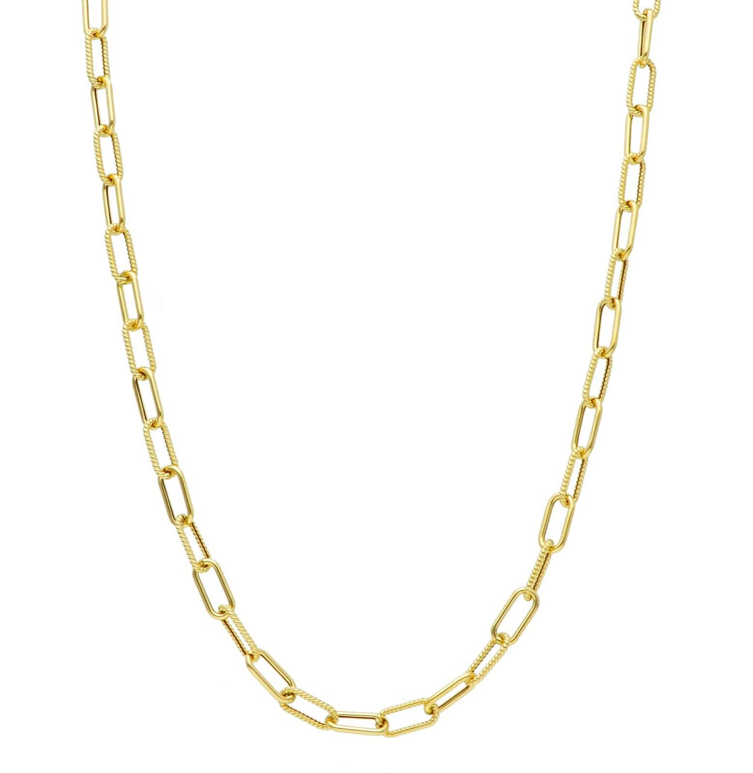 18K YELLOW GOLD CHAIN NECKLACE PAPER CLIP 4x10mm ALTERNATE STRIPED SMOOTH OVALS.