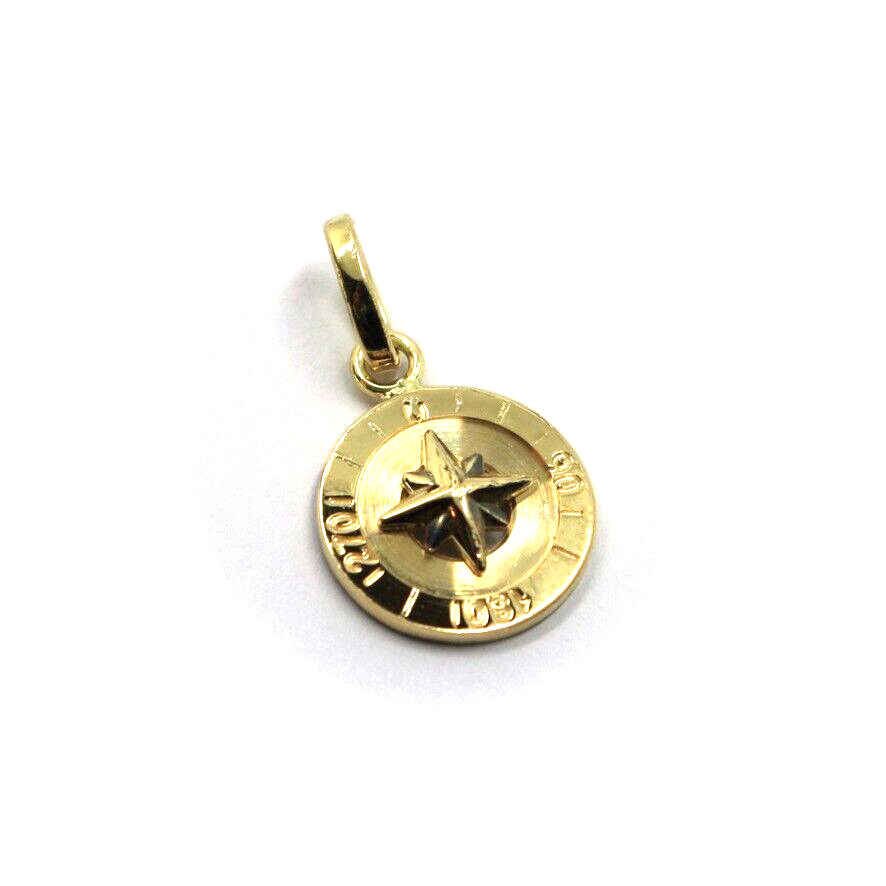 Solid 18k yellow gold marine compass wind rose round pendant, diameter 14mm.