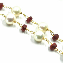 Load image into Gallery viewer, 18k yellow gold 24&quot; necklace, alternate 4mm red ruby &amp; white fw 6.5mm peals
