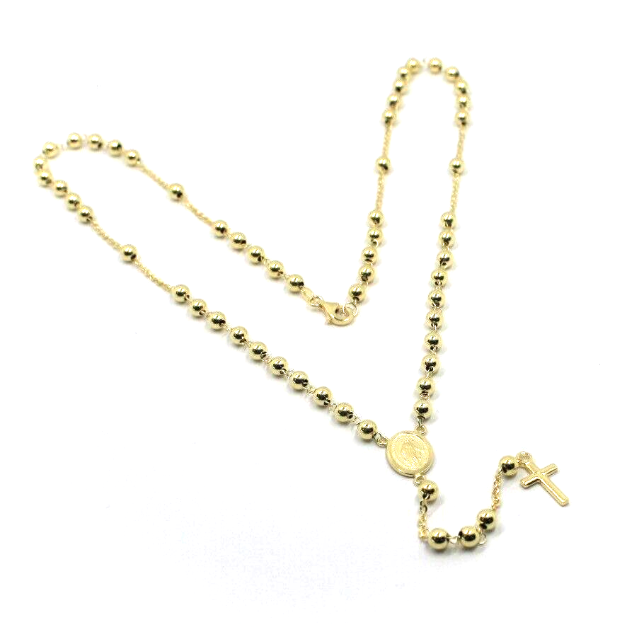 18k yellow gold Rosary necklace Miraculous Mary medal Jesus Cross 4mm spheres.