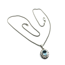 Load image into Gallery viewer, 18k white gold oval blue topaz zirconia flower pendant popcorn chain necklace.
